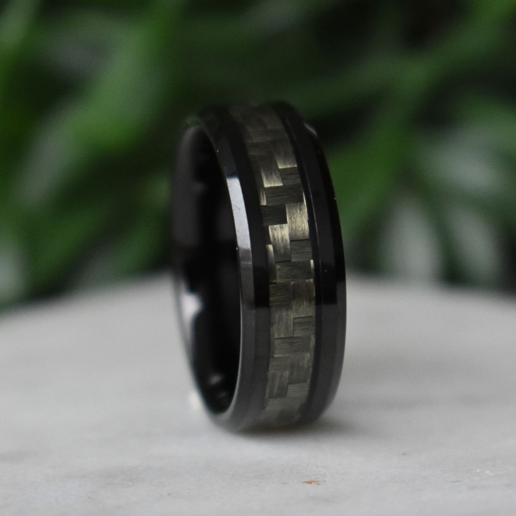 Black 8mm Tungsten Ring with Grey Carbon Centre - Tungsten Titans