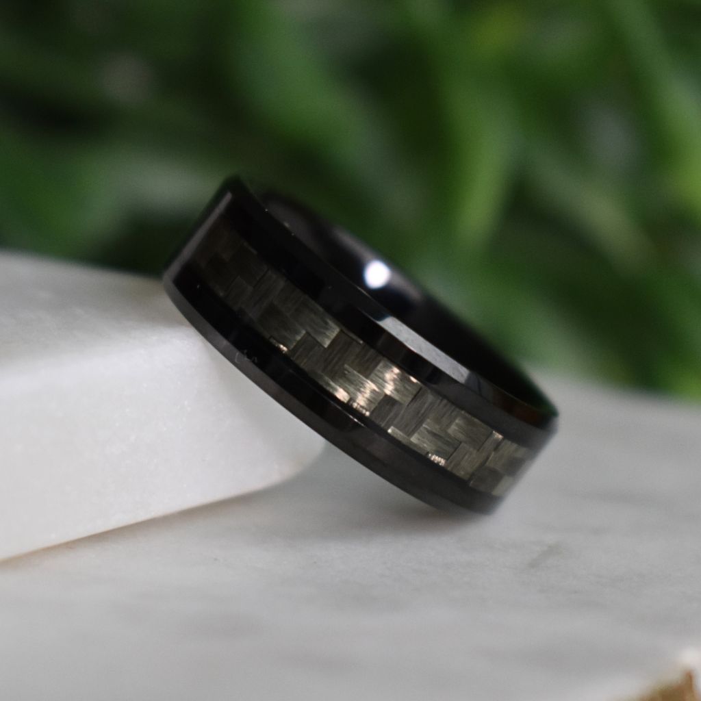 Black 8mm Tungsten Ring with Grey Carbon Centre - Tungsten Titans