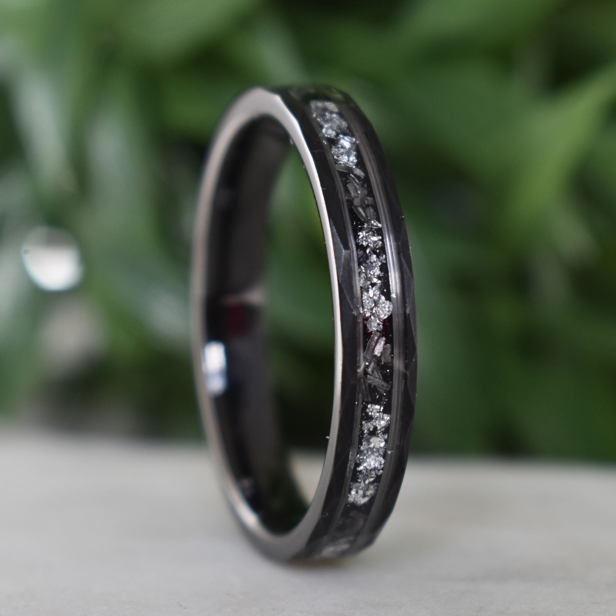 Hammered 4mm Black Tungsten Ring with White Gold Leaf and Meteorite Inlay - Tungsten Titans