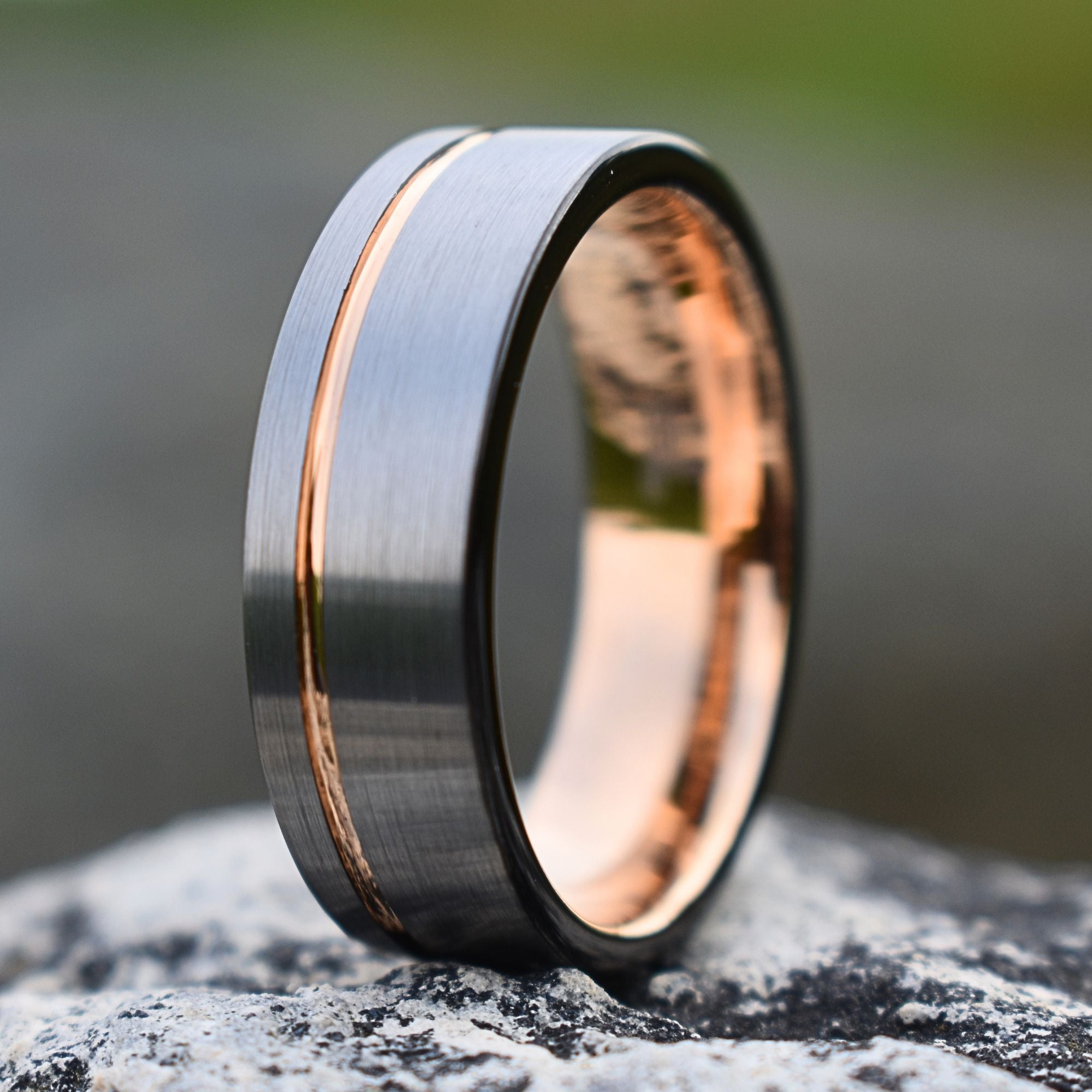 Tungsten Ring 8mm Brushed Silver with Rose Gold Stripe and Black Sides –  Tungsten Titans