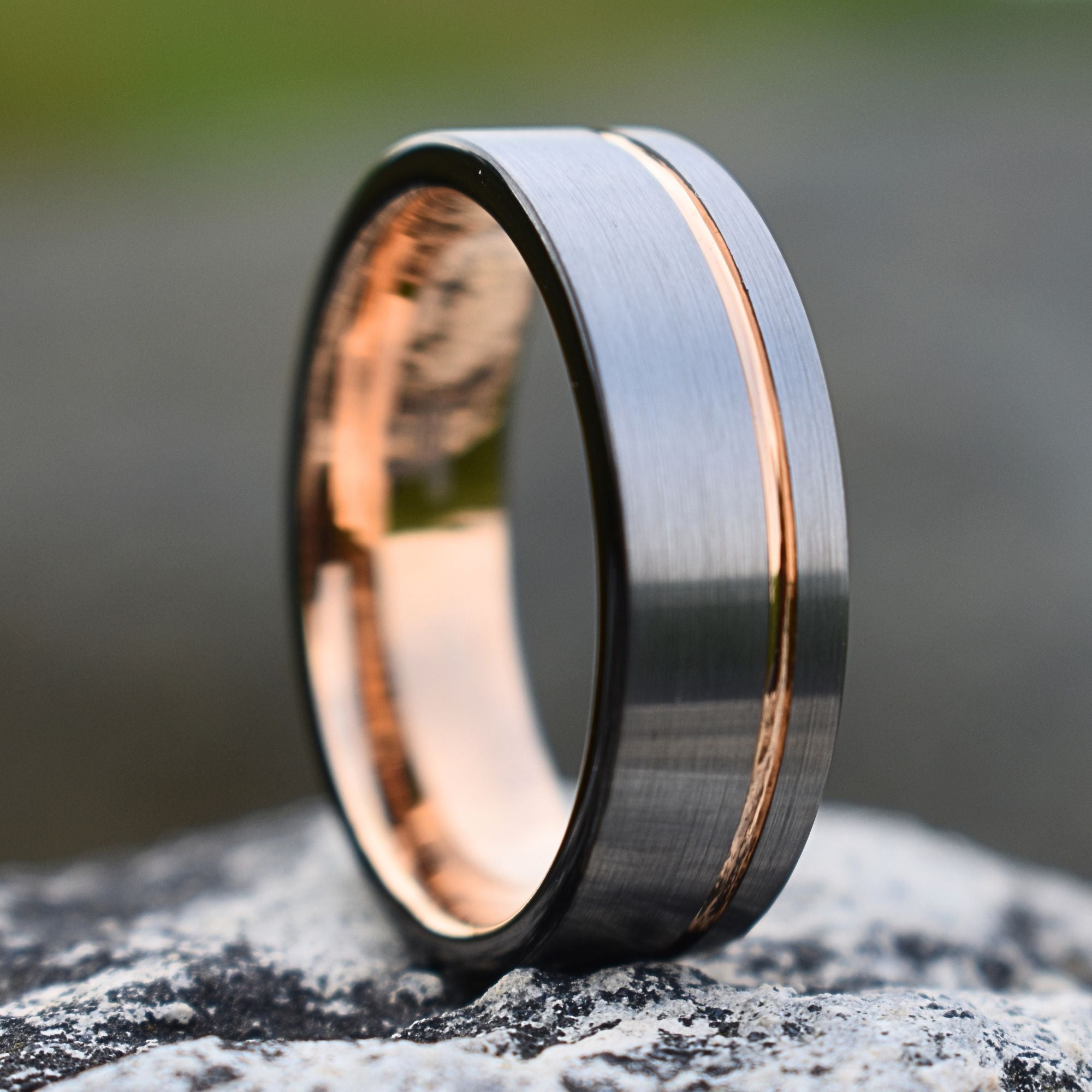 Tungsten Ring 8mm Brushed Silver with Rose Gold Stripe and Black Sides - Tungsten Titans