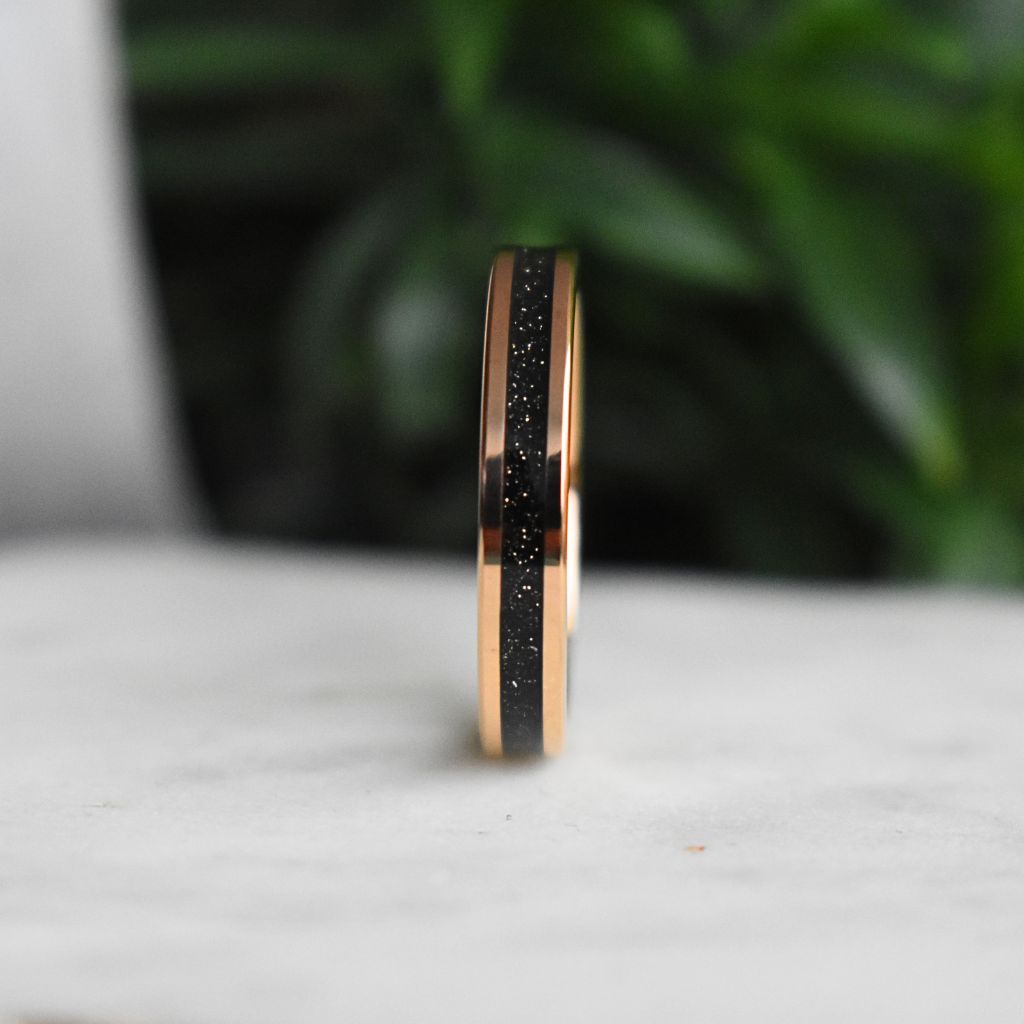 Tungsten Rose Gold Ring Black Druzy Quartz Wedding Band - Tungsten Titans