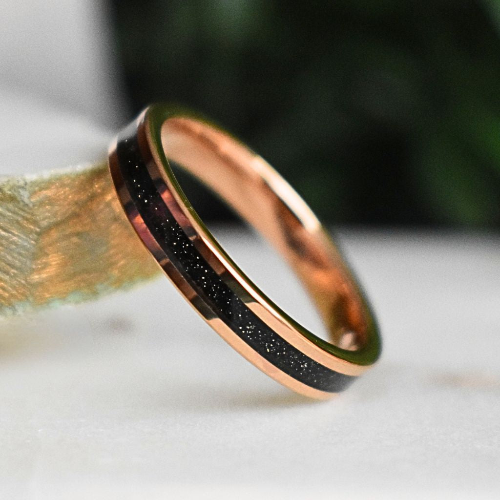 Tungsten Rose Gold Ring Black Druzy Quartz Wedding Band - Tungsten Titans