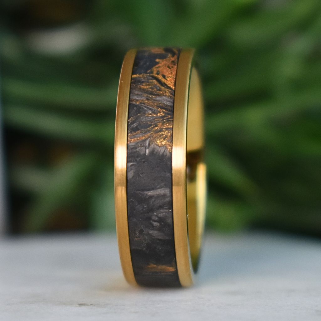 Forged Carbon Fiber & Yellow Gold 8mm Tungsten Ring - Tungsten Titans