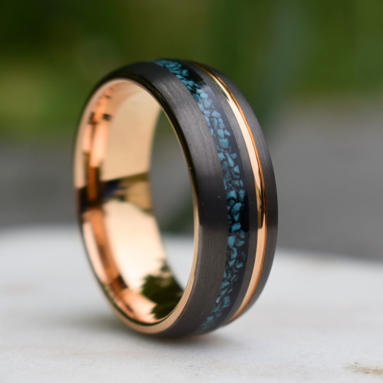 Tungsten 8mm Ring Grey with Rose Gold Accent and Crushed Turquoise - Tungsten Titans