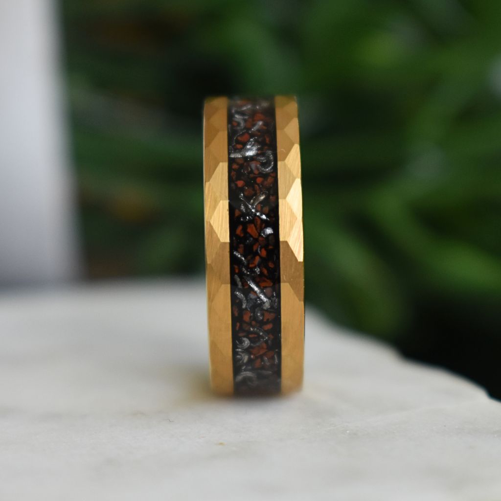 Red Dinosaur Bone & Meteorite Gold Tungsten Ring - Tungsten Titans