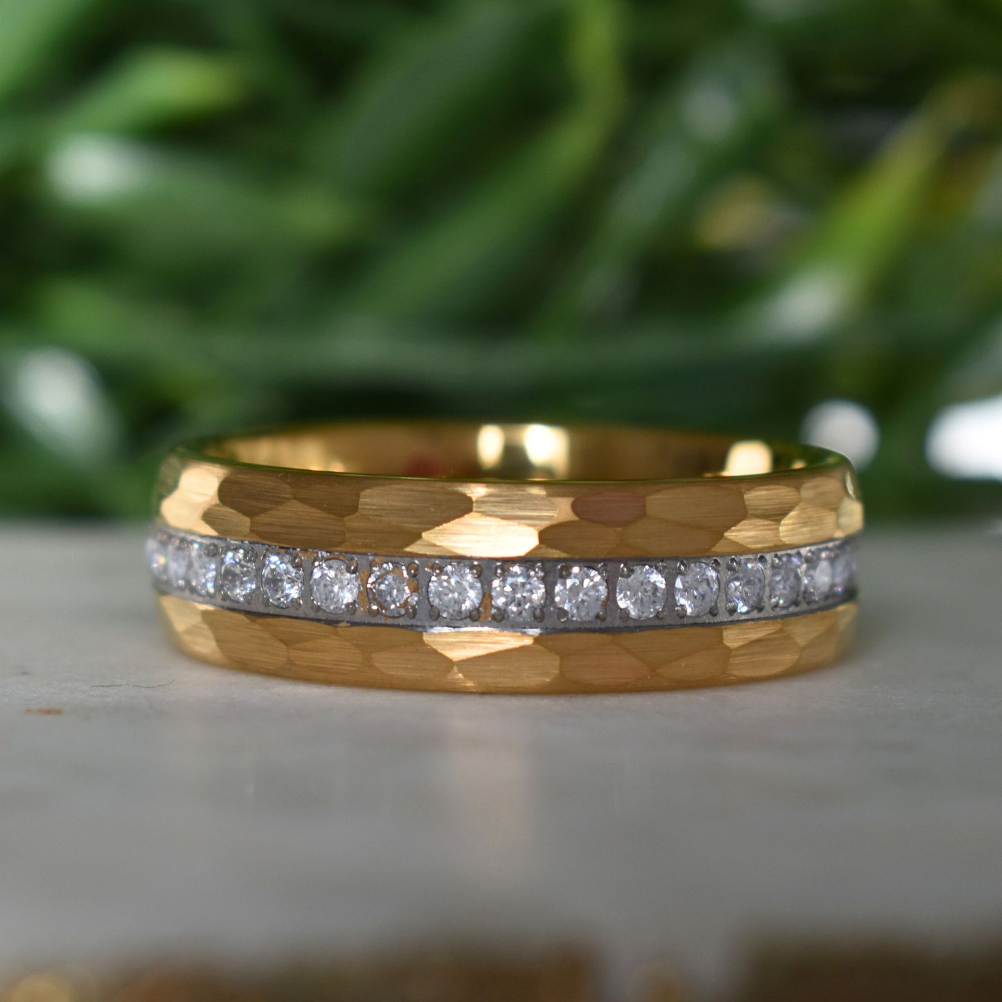 Hammered Gold Tungsten Ring with Brilliant Simulated Diamond Inlay - Tungsten Titans