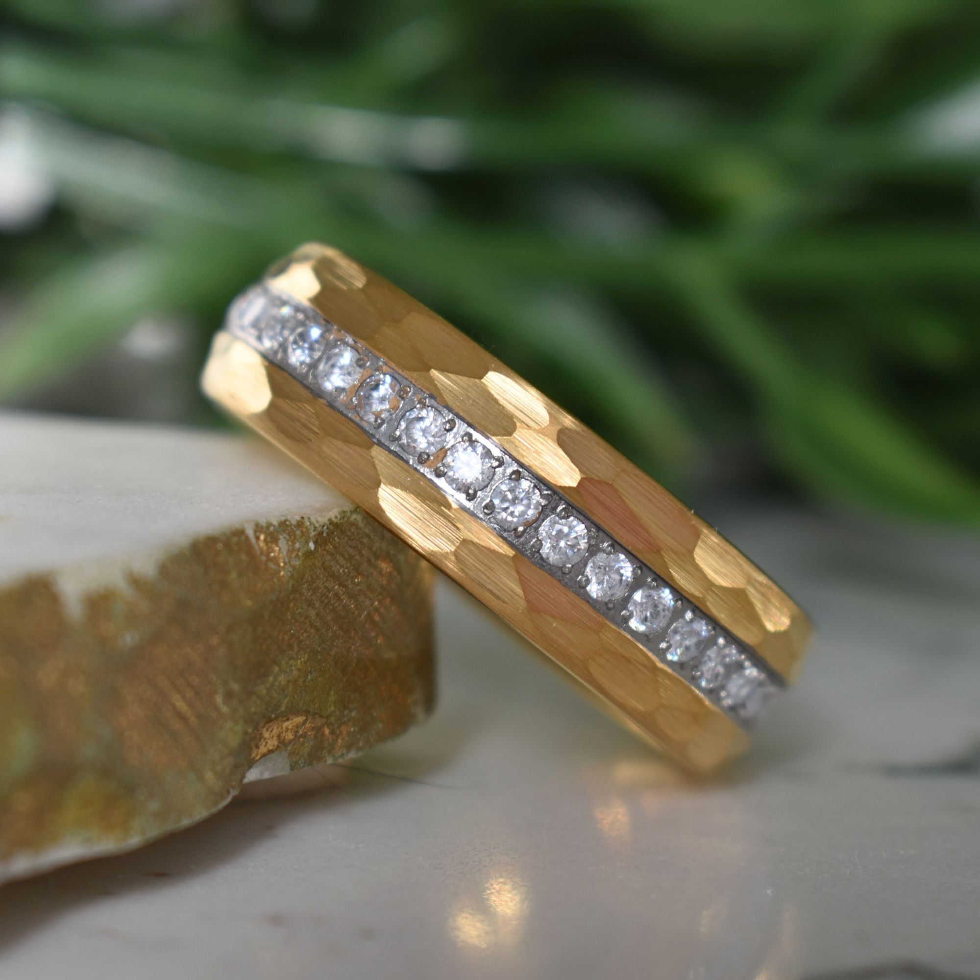 Hammered Gold Tungsten Ring with Brilliant Simulated Diamond Inlay - Tungsten Titans