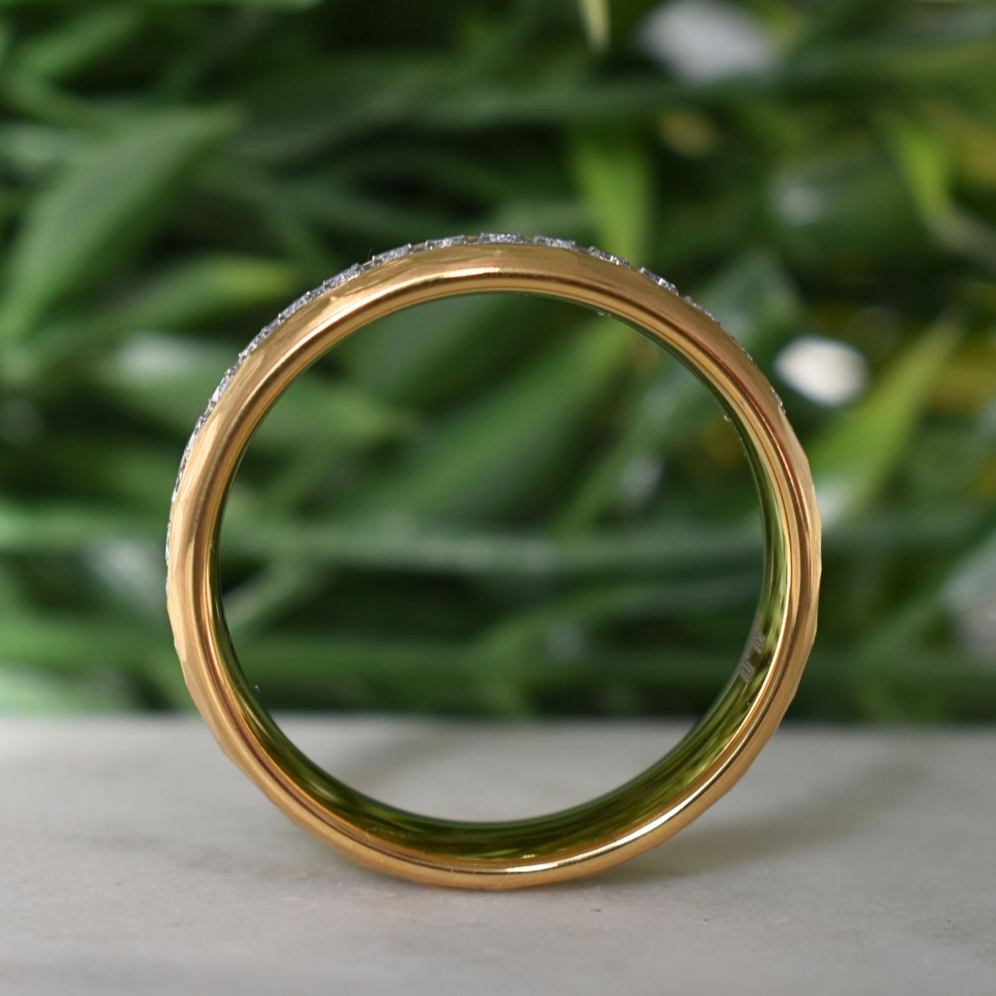 Hammered Gold Tungsten Ring with Brilliant Simulated Diamond Inlay - Tungsten Titans