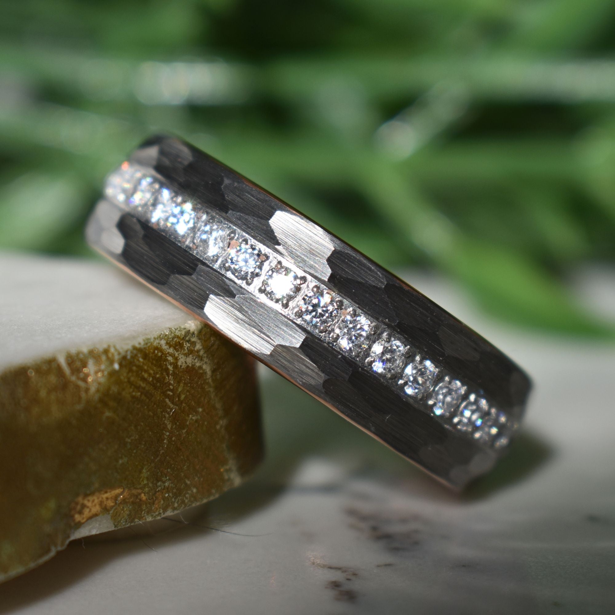 Hammered Tungsten Ring with Brilliant Simulated Diamond Inlay - Tungsten Titans