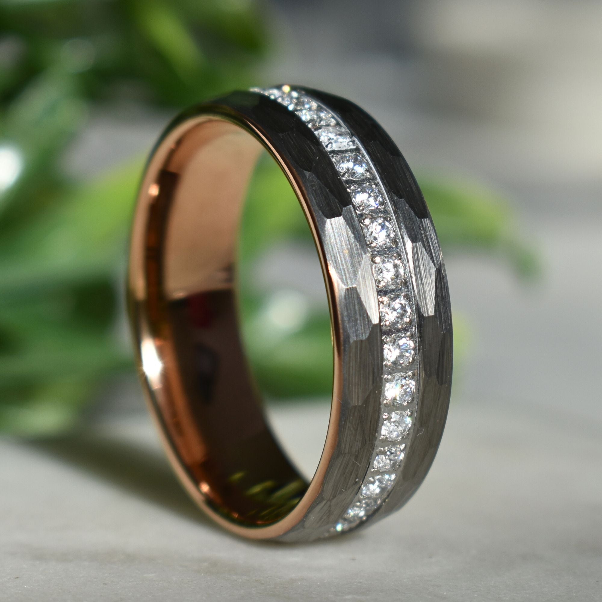 Hammered Tungsten Ring with Brilliant Simulated Diamond Inlay - Tungsten Titans