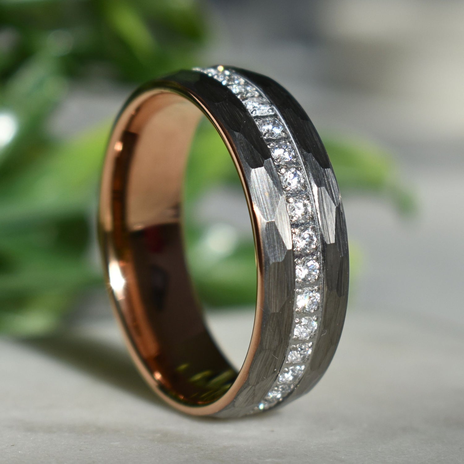 Hammered Tungsten Ring with Brilliant Simulated Diamond Inlay - Tungsten Titans