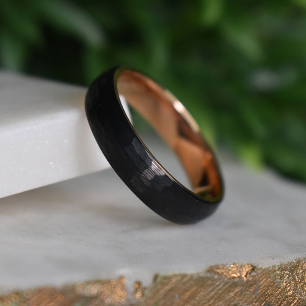Hammered Black Tungsten 6mm Ring with Rose Gold Band - Tungsten Titans