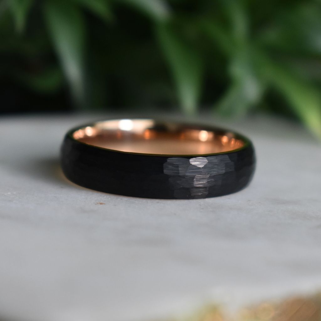 Hammered Black Tungsten 6mm Ring with Rose Gold Band - Tungsten Titans