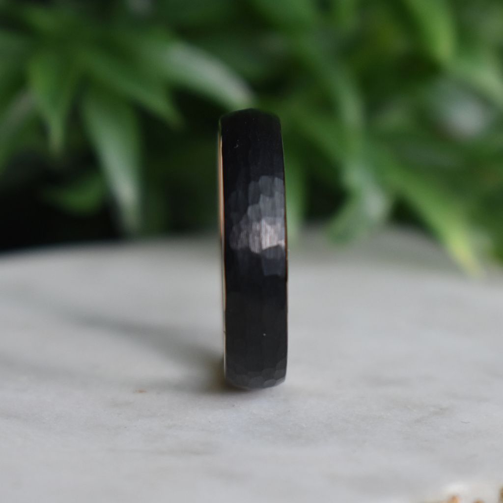 Hammered Black Tungsten 6mm Ring with Rose Gold Band - Tungsten Titans