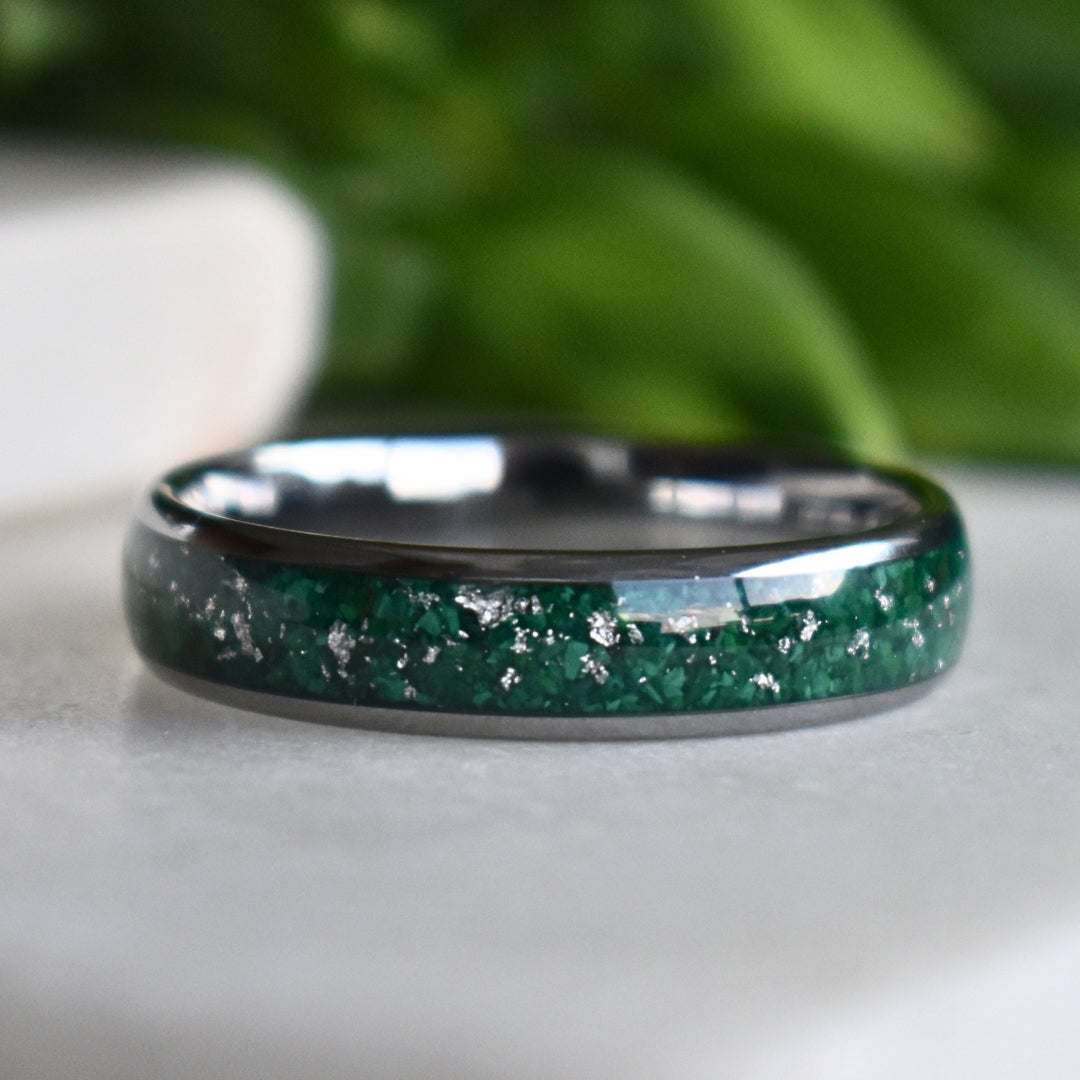 Tungsten 6mm Ring with Malachite & Gold Leaf Inlay