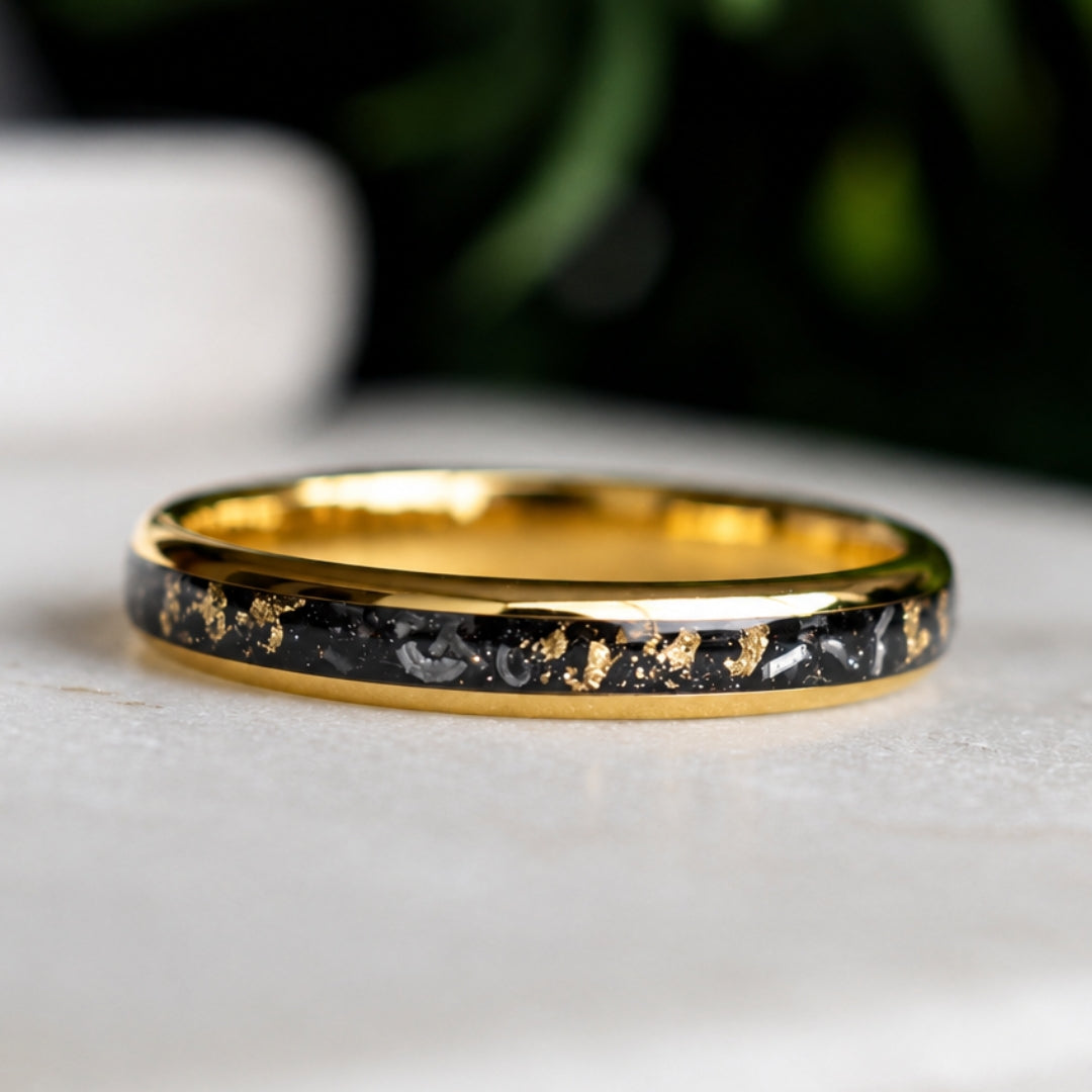 Tungsten 4mm Gold Ring with Meteorite & Gold Leaf Inlay
