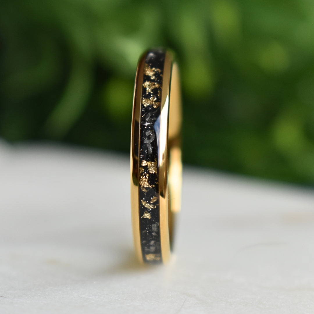 Tungsten 4mm Gold Ring with Meteorite & Gold Leaf Inlay