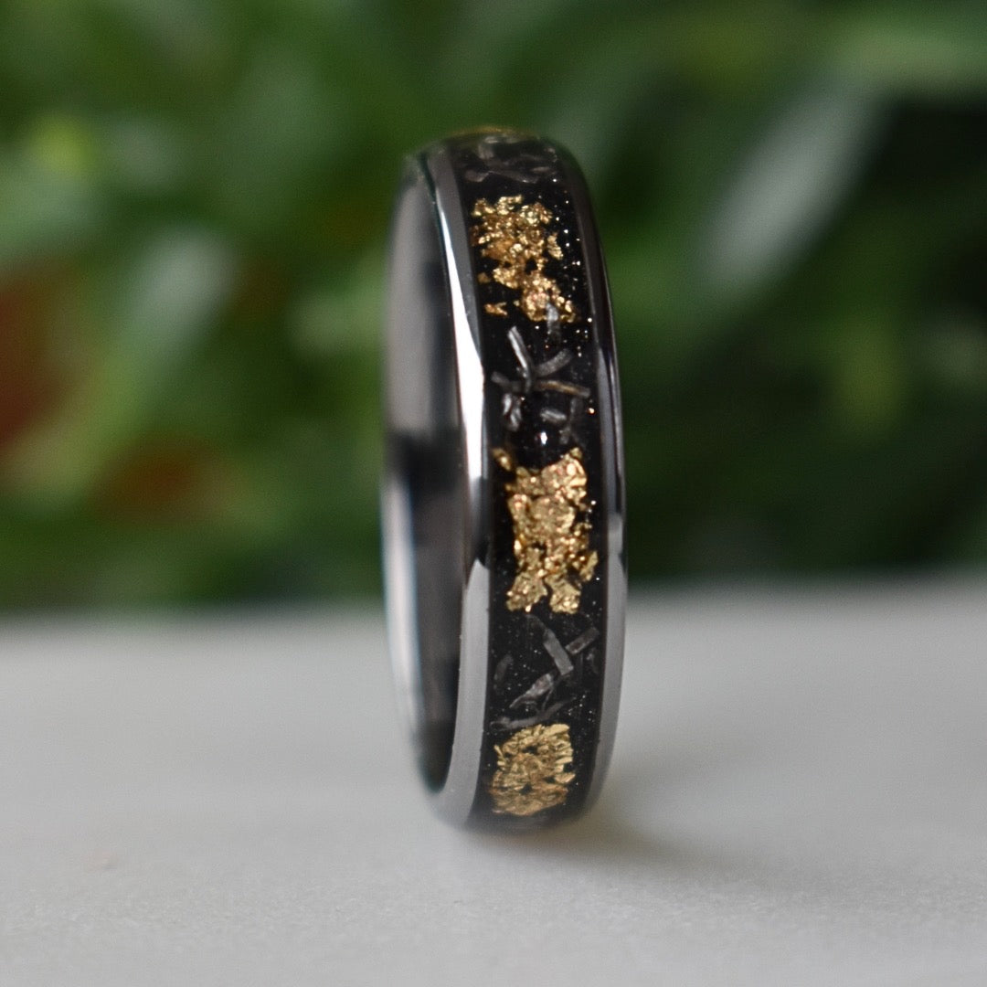Tungsten 6mm Ring with Meteorite & Gold Leaf Inlay