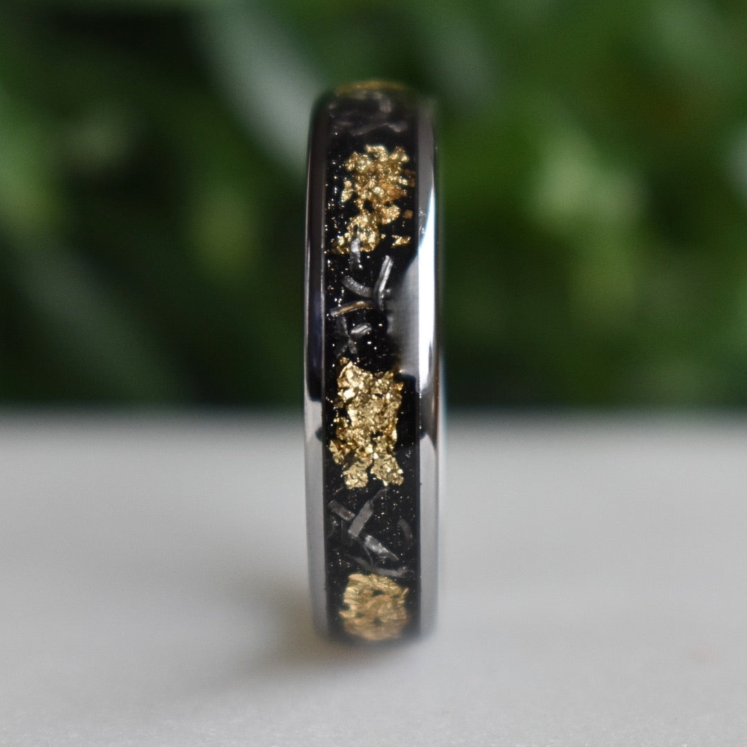 Tungsten 6mm Ring with Meteorite & Gold Leaf Inlay