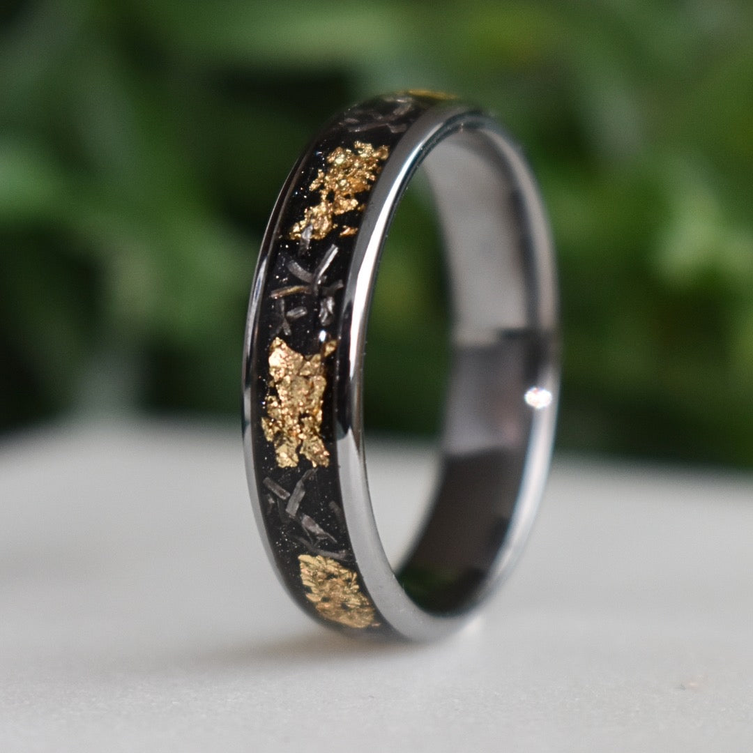 Tungsten 6mm Ring with Meteorite & Gold Leaf Inlay