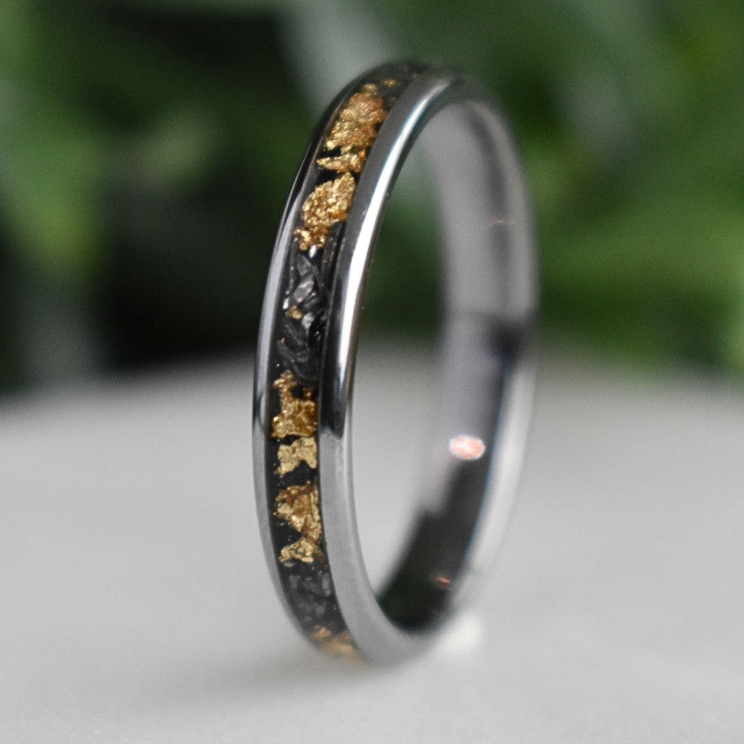 Tungsten 4mm Ring with Meteorite & Gold Leaf Inlay
