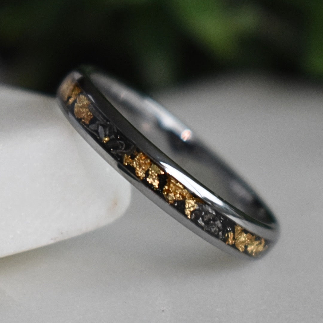 Tungsten 4mm Ring with Meteorite & Gold Leaf Inlay