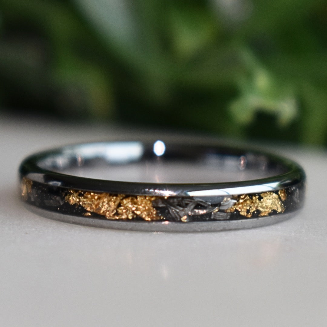 Tungsten 4mm Ring with Meteorite & Gold Leaf Inlay