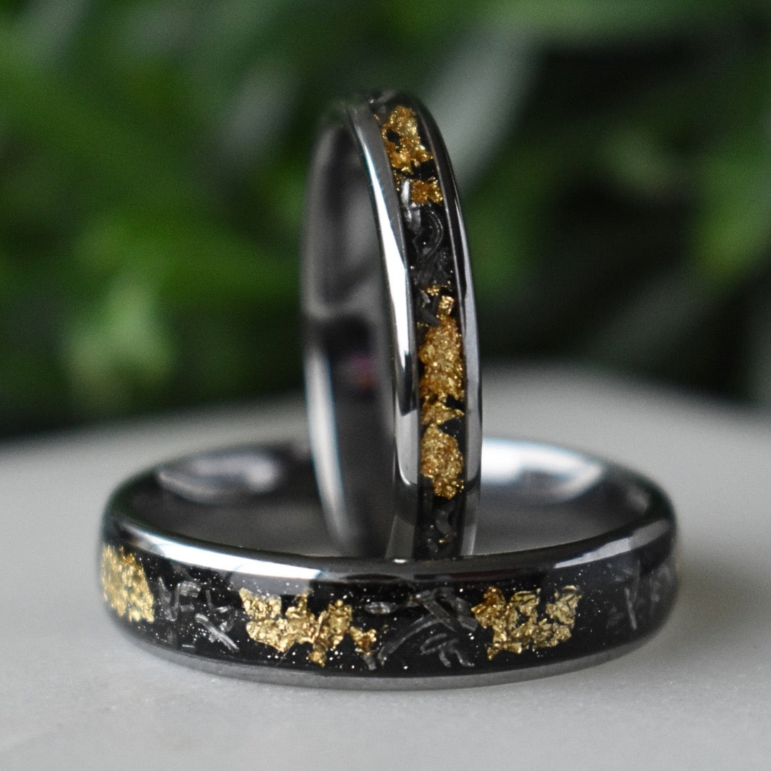 Tungsten 4mm Ring with Meteorite & Gold Leaf Inlay