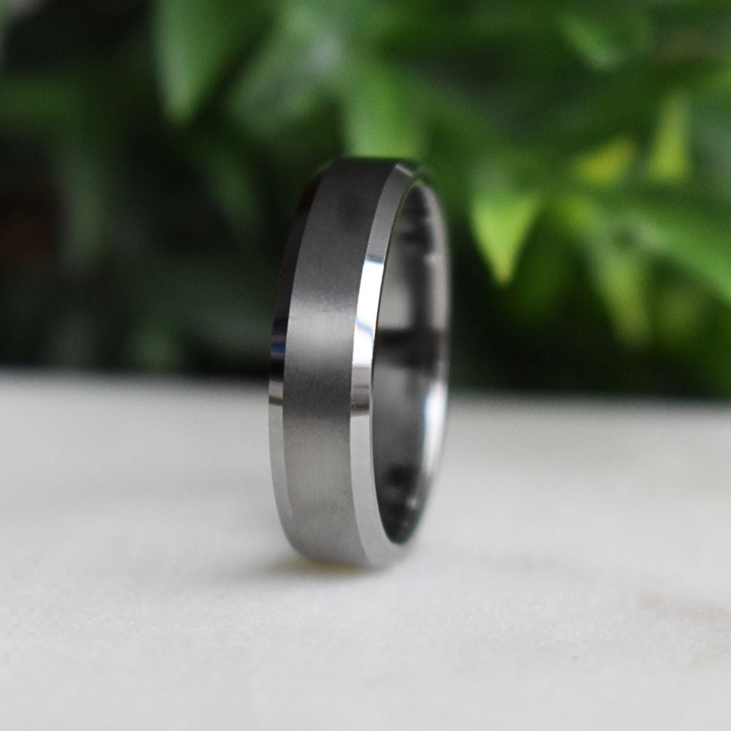 Tungsten Ring 6mm Brushed Silver with Beveled Edge - Tungsten Titans