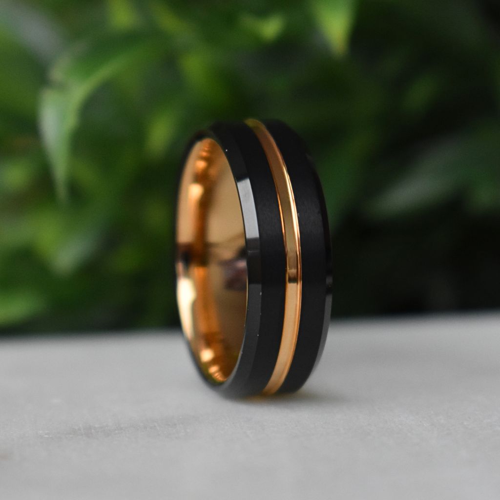 Black 8mm Tungsten Ring with Rose Gold Center Strip - Tungsten Titans