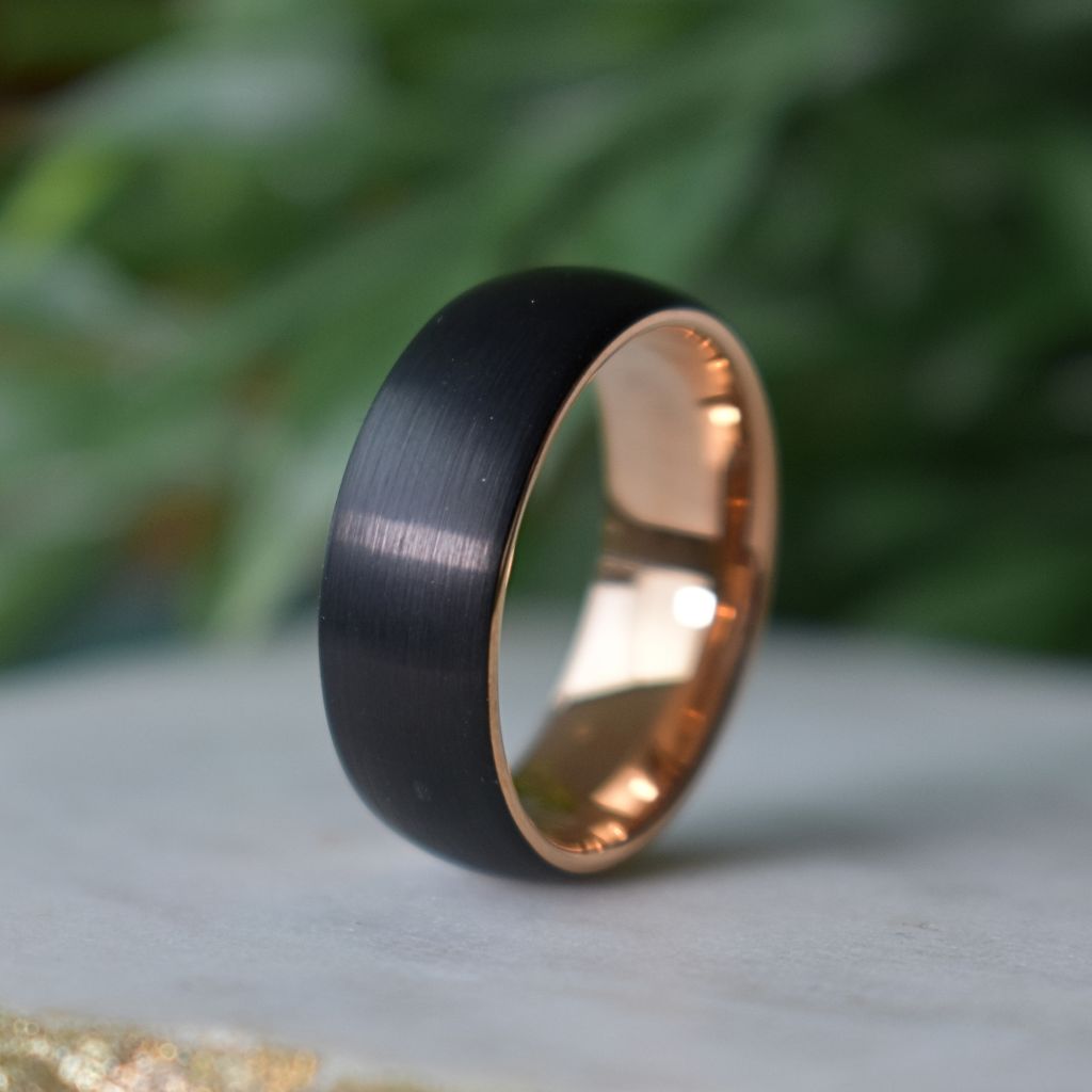 Black Brushed 8mm Tungsten Ring with Rose Gold Band - Tungsten Titans