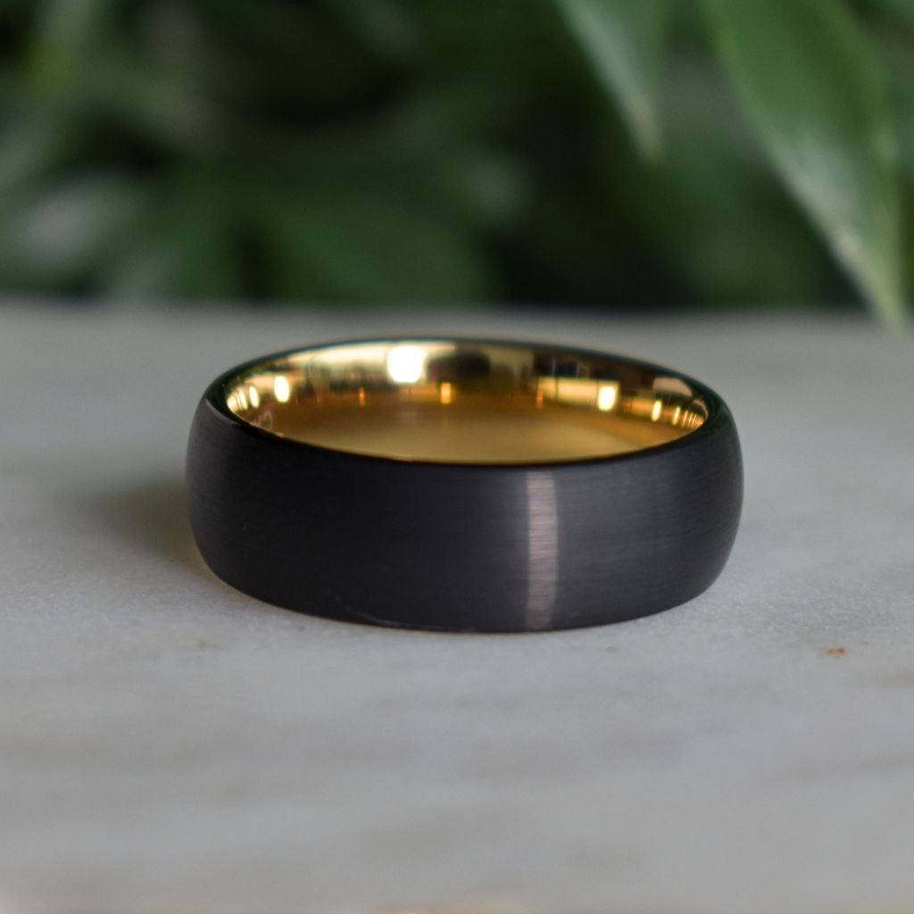 Black Brushed 8mm Tungsten Ring with Gold Inner Band - Tungsten Titans