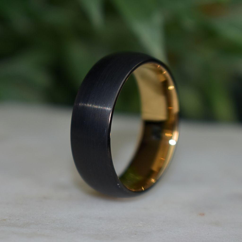 Black Brushed 8mm Tungsten Ring with Gold Inner Band - Tungsten Titans