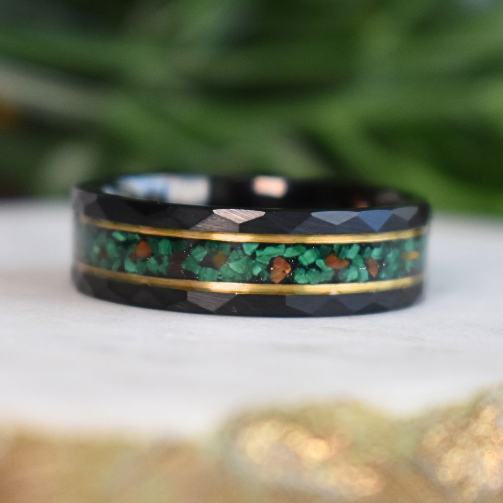 Malachite & Tiger’s Eye Inlay Hammered Black Tungsten Ring - Tungsten Titans