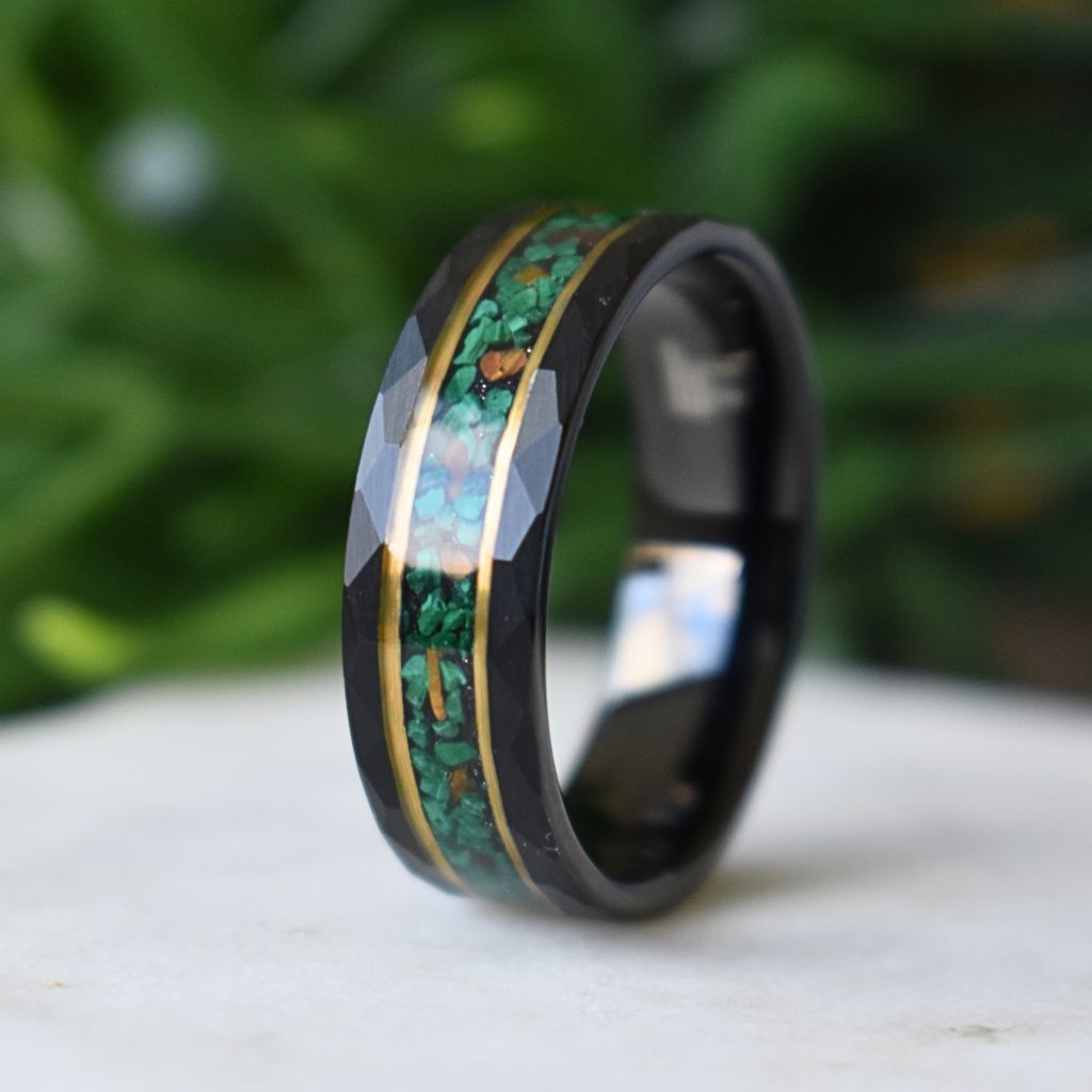 Malachite & Tiger’s Eye Inlay Hammered Black Tungsten Ring - Tungsten Titans