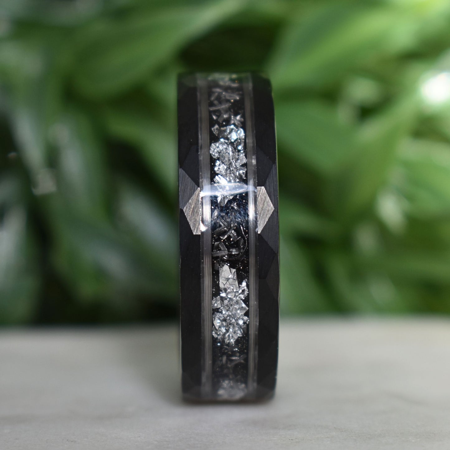 Hammered 8mm Black Tungsten Ring with White Gold Leaf and Meteorite Inlay