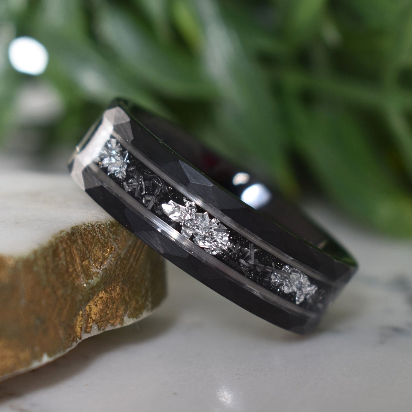 Hammered 8mm Black Tungsten Ring with White Gold Leaf and Meteorite Inlay