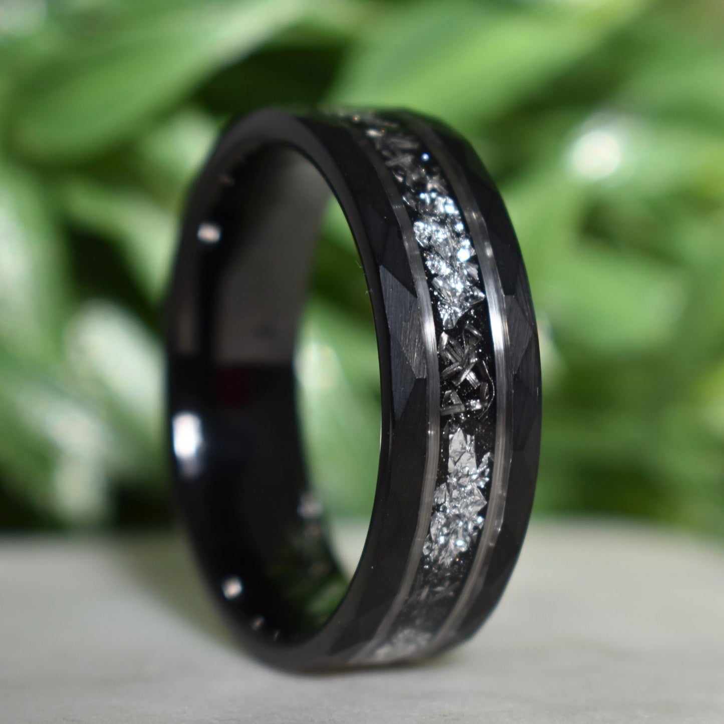 Hammered 8mm Black Tungsten Ring with White Gold Leaf and Meteorite Inlay