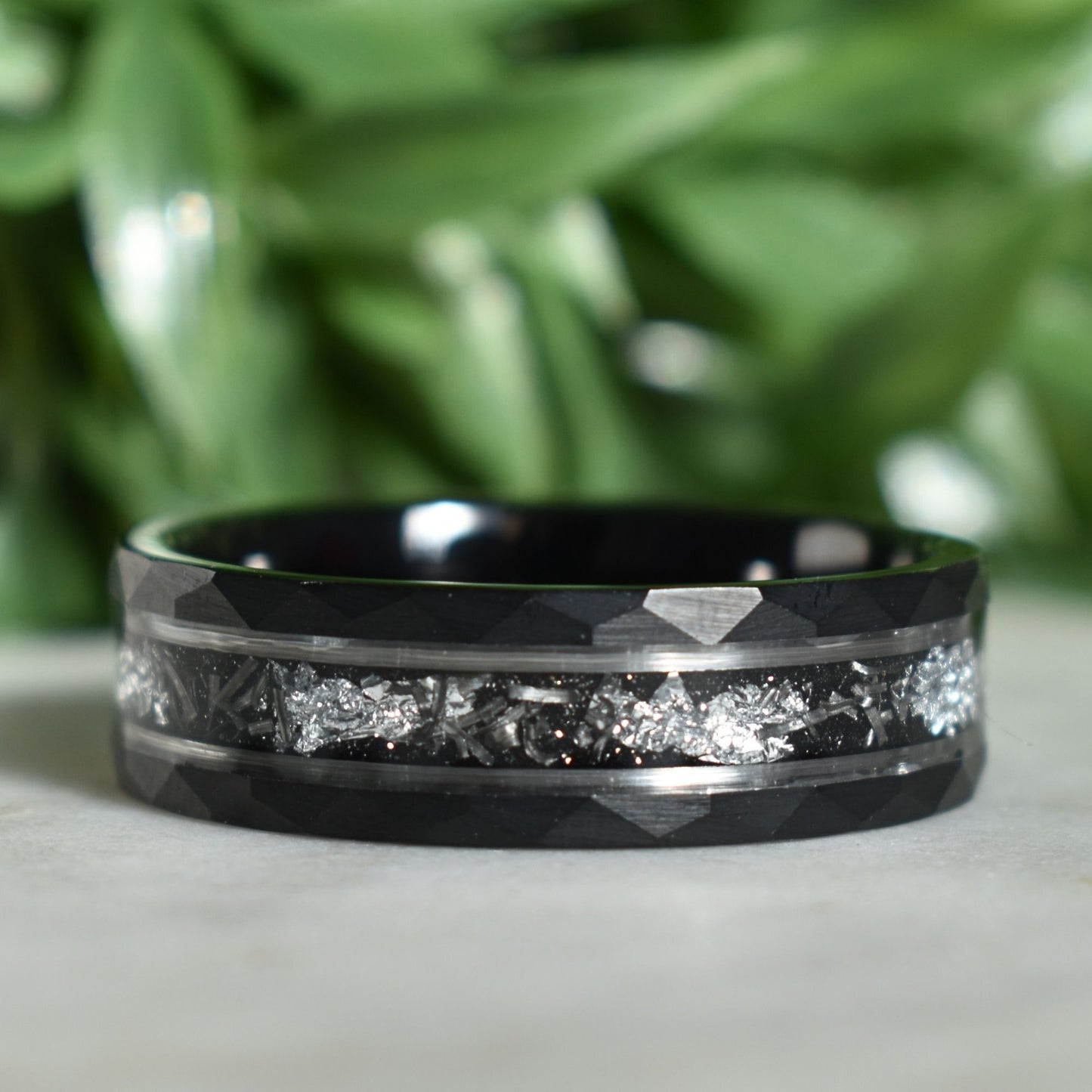 Hammered 8mm Black Tungsten Ring with White Gold Leaf and Meteorite Inlay