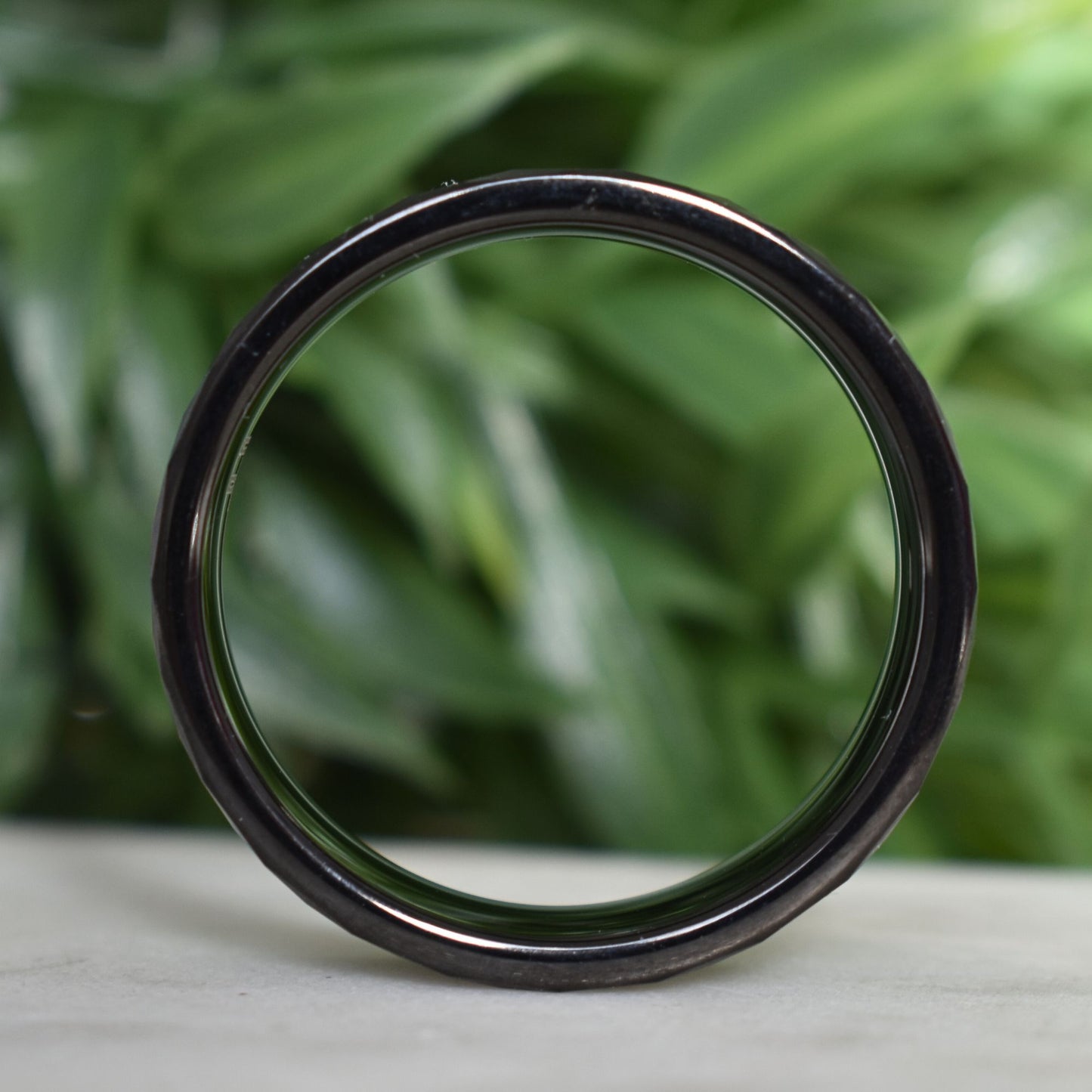 Hammered 8mm Black Tungsten Ring with White Gold Leaf and Meteorite Inlay