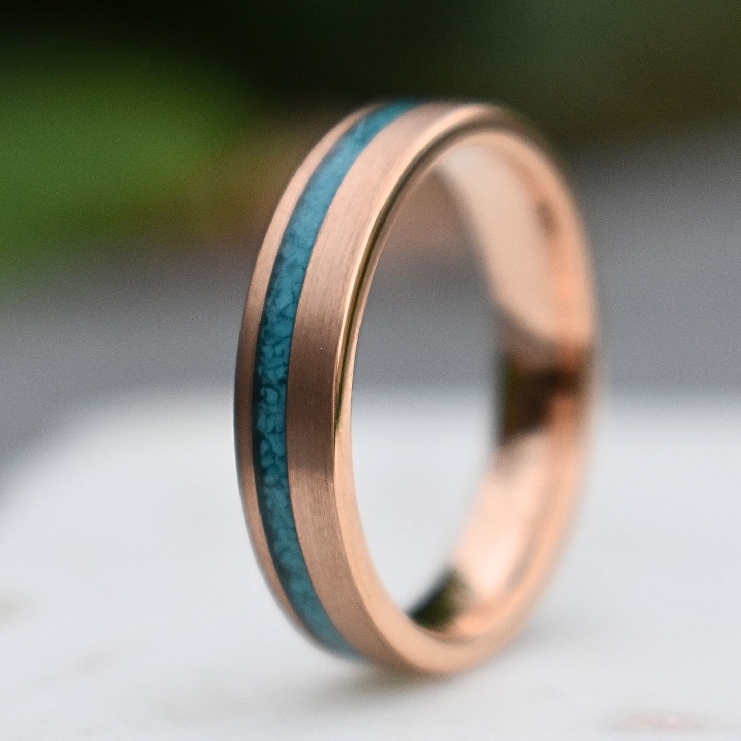 Tungsten 5mm Ring Rose Gold with Crushed Turquoise Wedding Band - Tungsten Titans