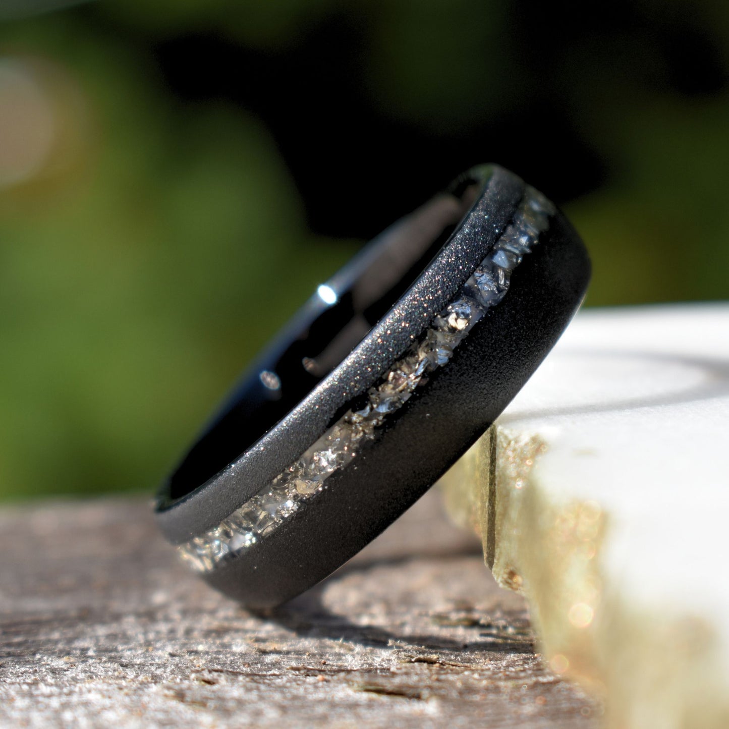 Tungsten 8mm Ring Black Sandblasted with German Silver Glass - Tungsten Titans