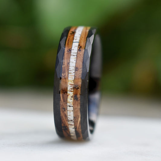 Tungsten 8mm Hammered Ring with Antler and Whiskey Barrel - Tungsten Titans