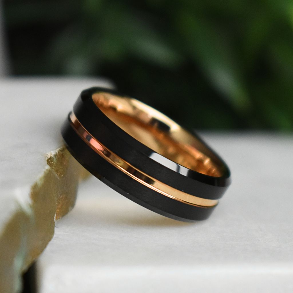 Black 8mm Tungsten Ring with Rose Gold Center Strip - Tungsten Titans