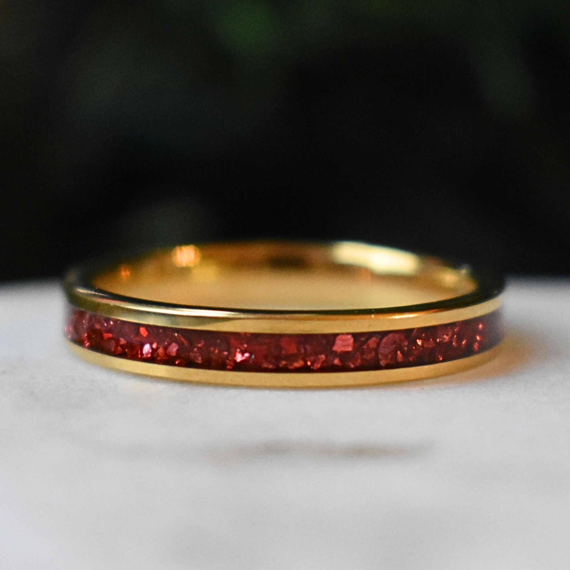 Tungsten 4mm Yellow Gold Ring German Ruby Red Glass Wedding Band - Tungsten Titans