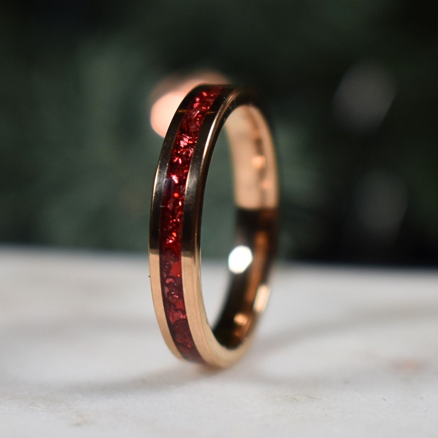 Tungsten 4mm Rose Gold Ring German Ruby Red Glass Wedding Band - Tungsten Titans