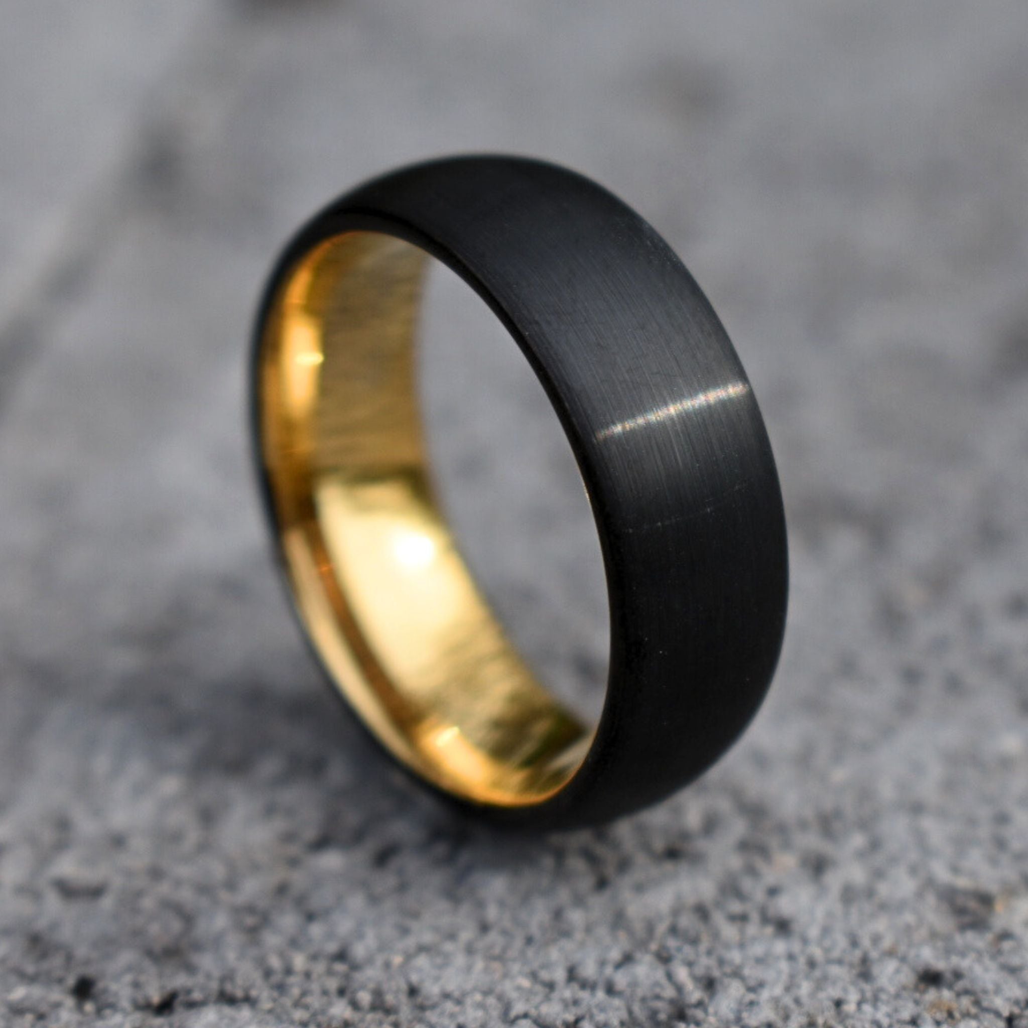 Black Brushed 8mm Tungsten Ring with Gold Inner Band – Tungsten Titans