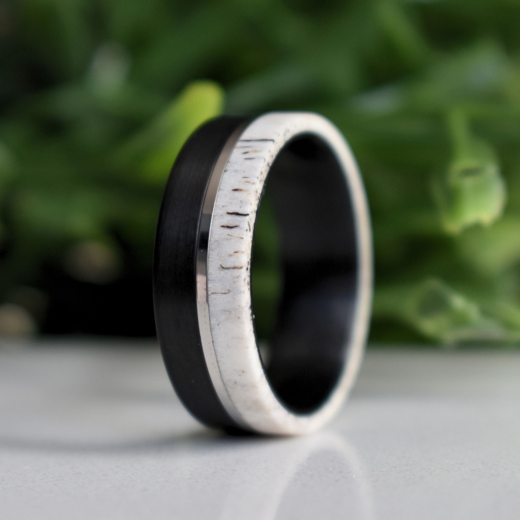 Deer Antler and Brushed Black Tungsten Ring with Polished Silver Tungsten Center - Tungsten Titans