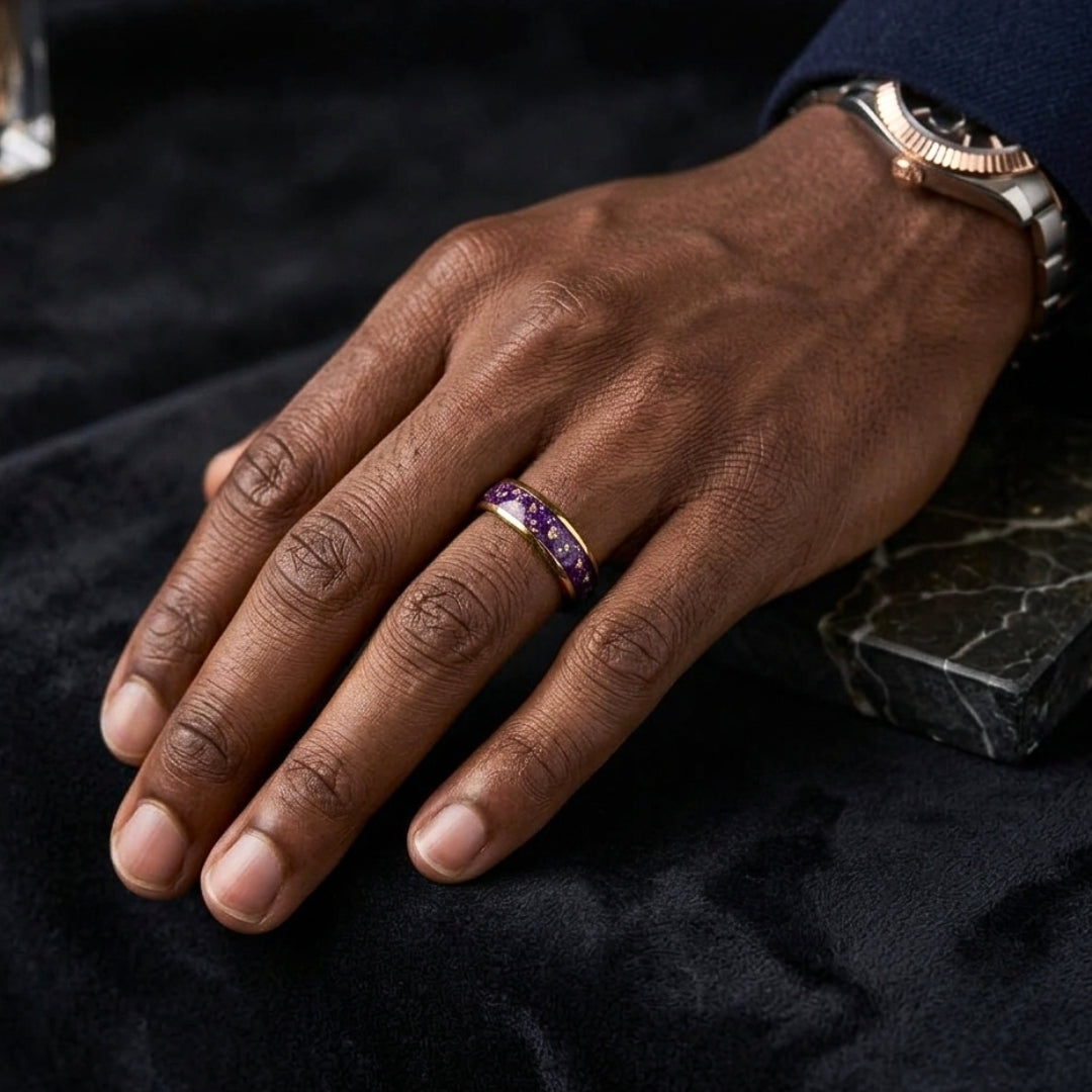 Tungsten 6mm Gold Ring with Amethyst & Gold Leaf Inlay